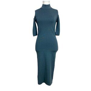 BSL MUTED BLUE COLD SHOULDER MOCK NECK KNITTED BODYCON MIDI DRESS - XS